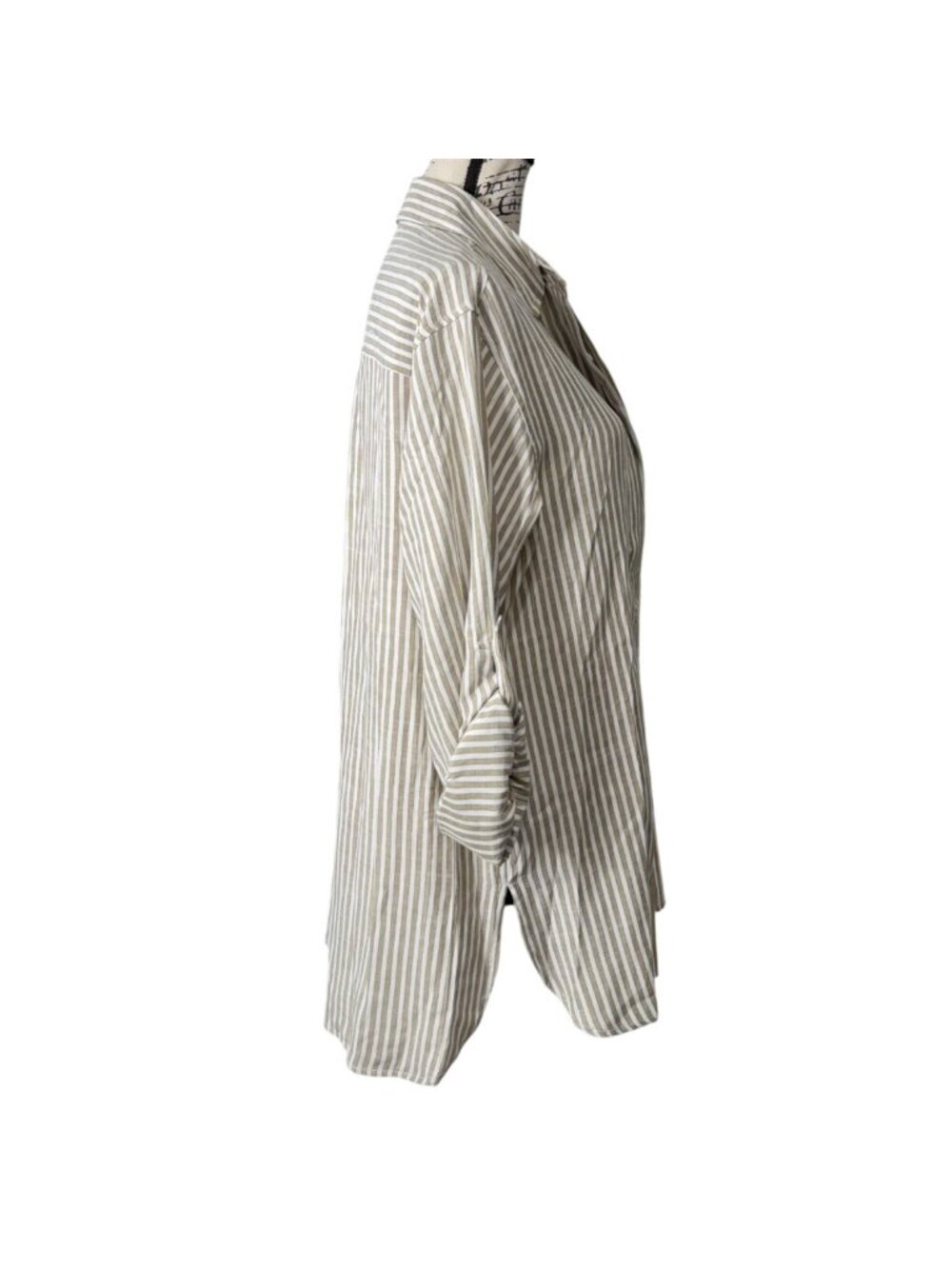 Max Studio London Women Size L Tunic Top Roll-Tab Sleeve Beige Striped Shirt NEW - Picture 2 of 8